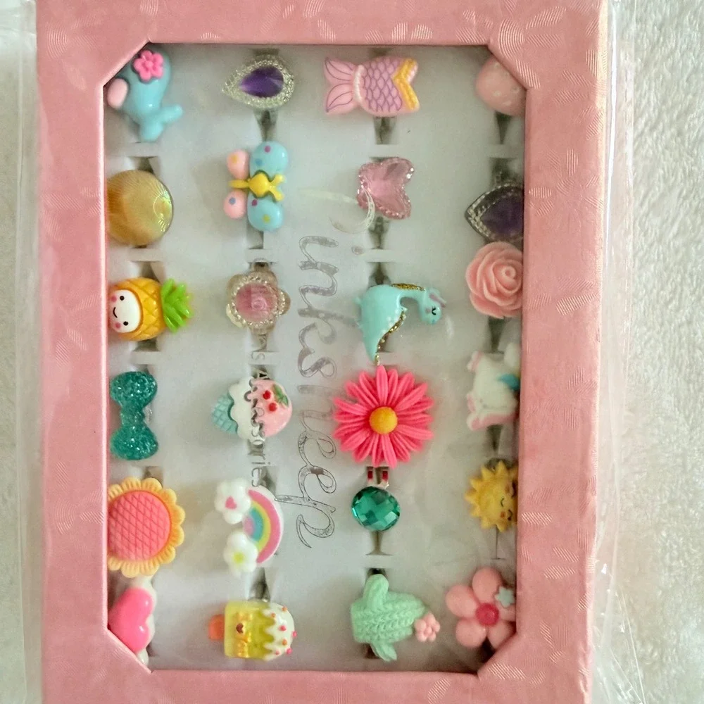 PinkSheep Ring Set Kids One Size Multicolor 24pc Resin Alloy Whimsical Designs